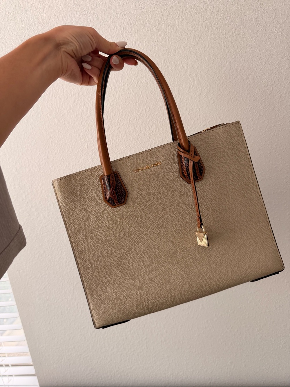 Michael Kors Mercer Gallery Tote in Beige with Brown Handles and Gold Accent